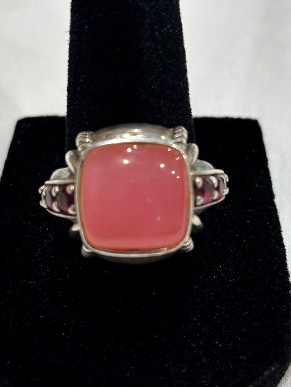 Judith Ripka Sterling Silver 925 Pink Jade & Rhodolite Ring Sz 8